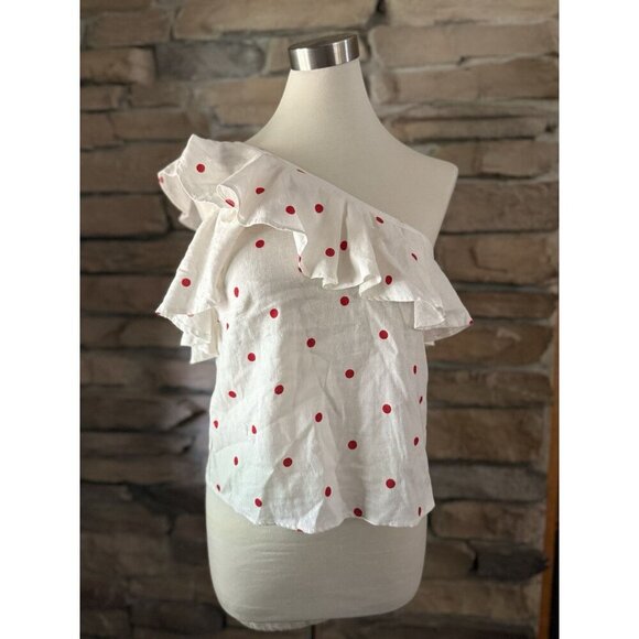 Mi Ami Francesca’s Piper Cold Shoulder Red White Polka Dot Ruffle Top Sz S Linen - Picture 2 of 12